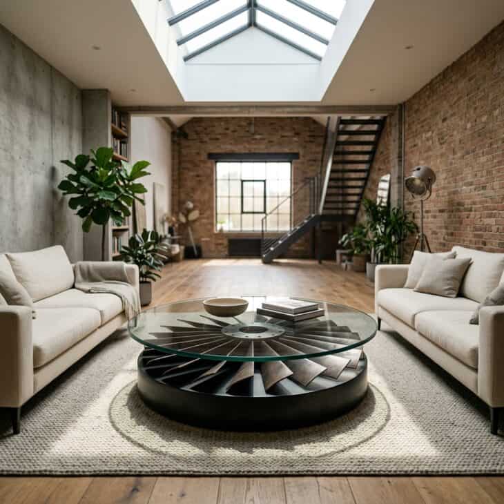An enclosed fan-blade form creates a powerful centerpiece without sacrificing a usable surface.