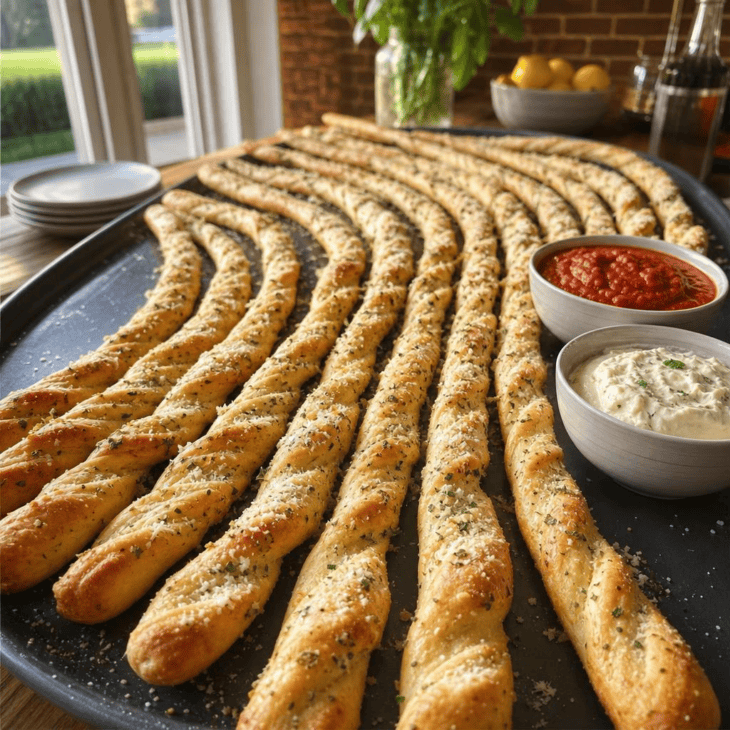 Twisted breadsticks create long edible contrails across a serving tray.
