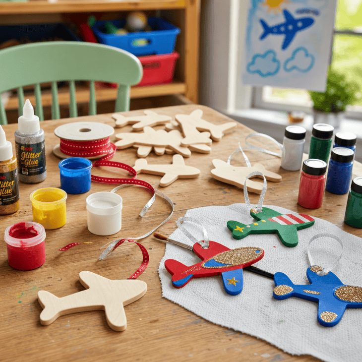 Wooden airplane ornament blanks and paint pots set up for a kids' craft afternoon.