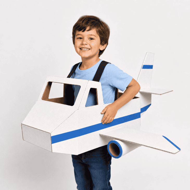 A painted cardboard box airplane costume with cardboard wings and shoulder straps.