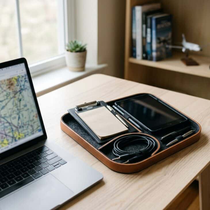 A fitted tray keeps flight-bag essentials together and ready to move.
