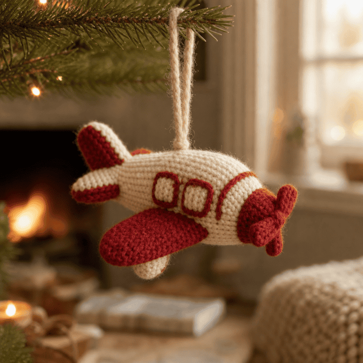 A chunky knit airplane in cream and red adds a soft, cozy texture.