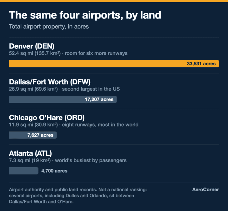 Bar chart of airport land area in acres: Denver 33,531, Dallas/Fort Worth 17,207, Chicago O'Hare 7,627, Atlanta 4,700