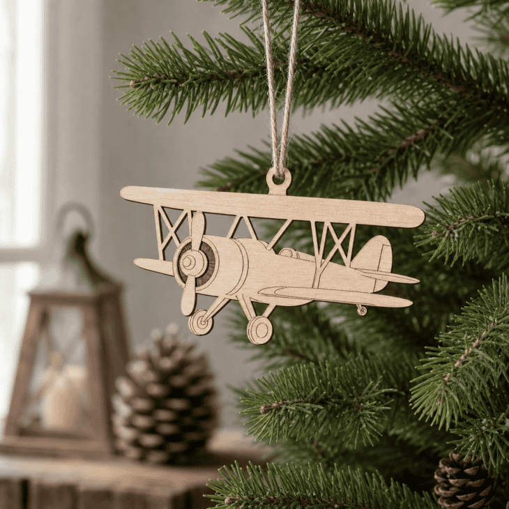 A flat birch-wood biplane silhouette hangs from a simple twine loop.