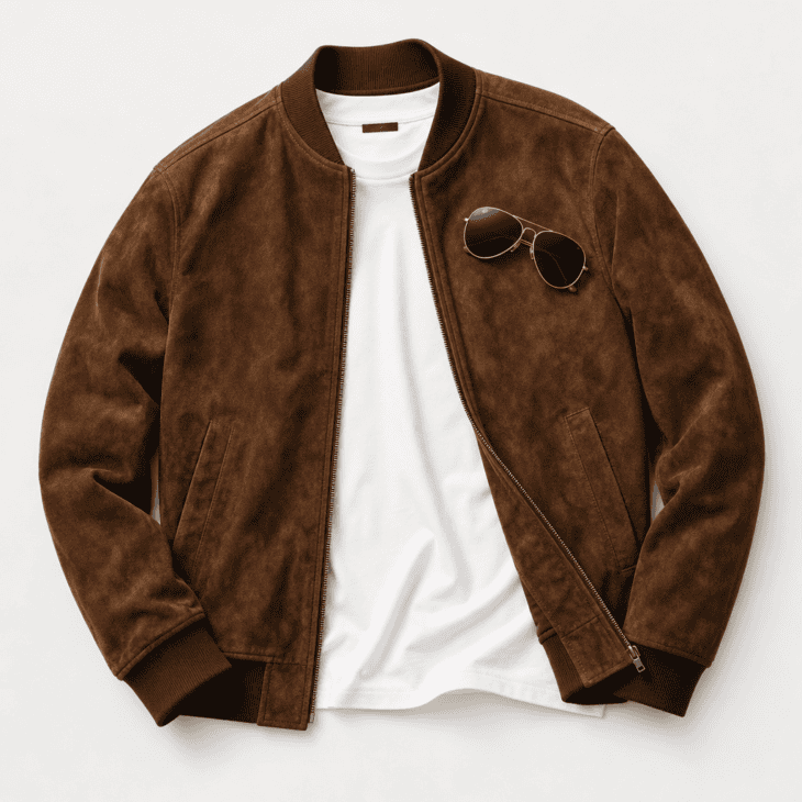 A brown suede jacket, gold-rimmed aviators, and a plain white tee.