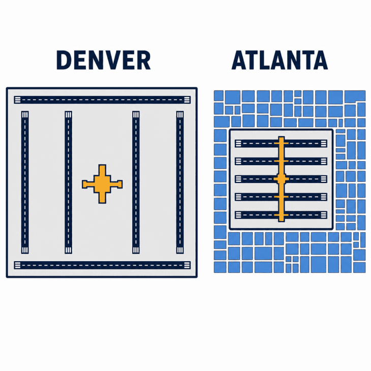 Schematic plan view comparing Denver's six widely spaced runways on open ground with Atlanta's five tightly packed parallel runways around a central terminal spine
