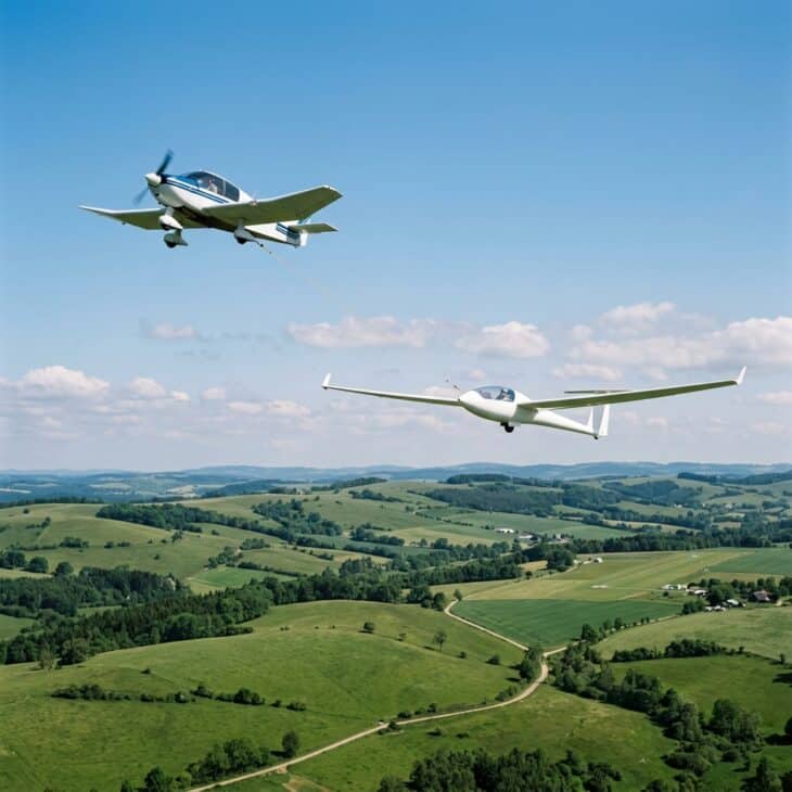 A tow plane does the noisy work of getting a glider to altitude before the rope releases.