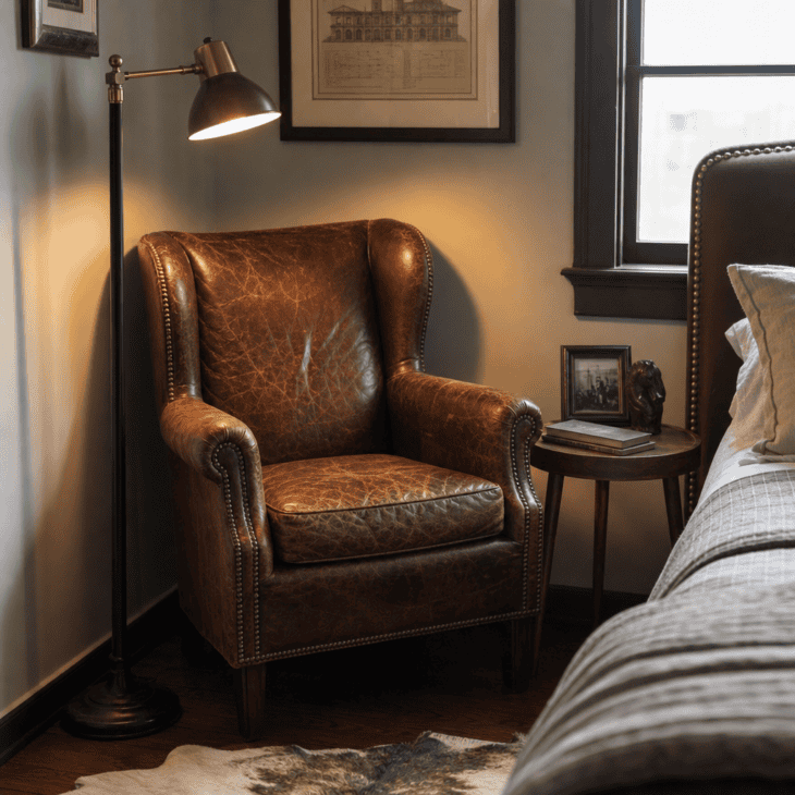 A worn leather wingback chair turns an empty corner into a reading spot.