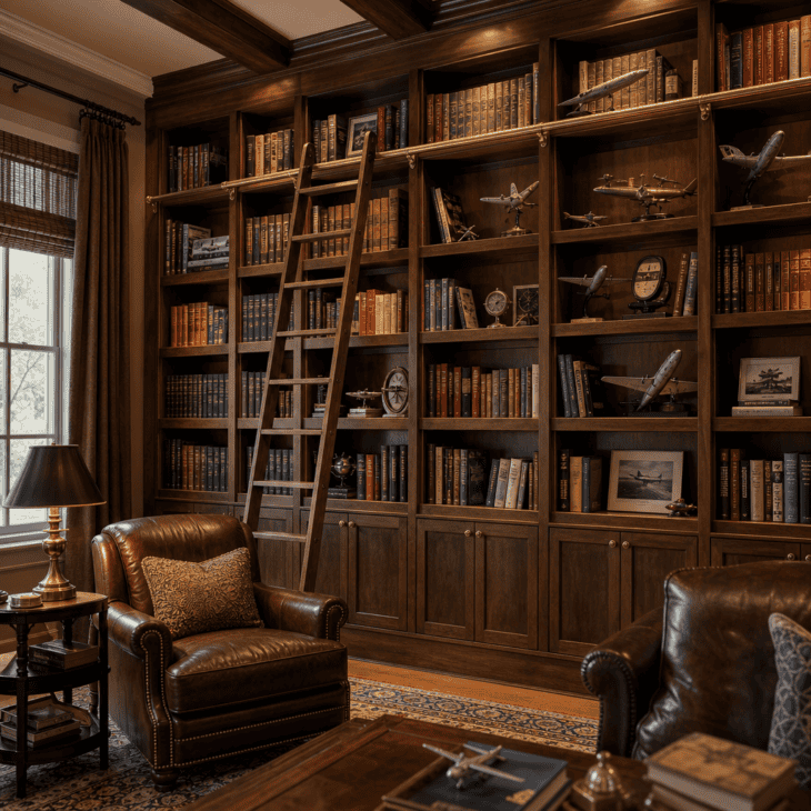 A sliding ladder turns a full-height wall into a working aviation library.