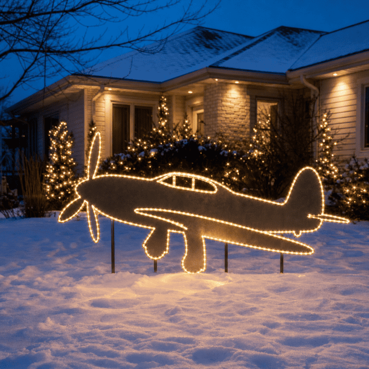 An LED-outlined airplane silhouette glows in the front yard at dusk.