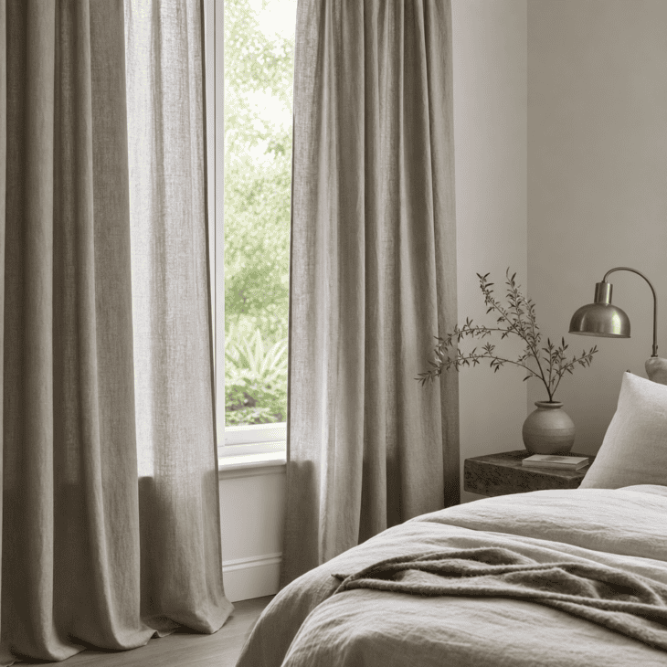 Dove grey linen curtains filter morning light in soft, natural folds.