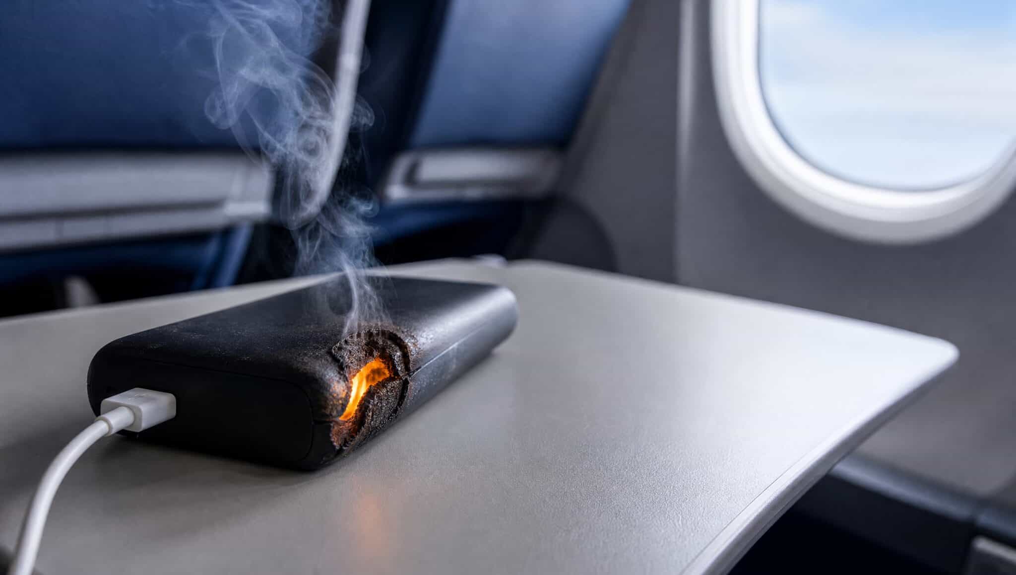 Swollen and scorched portable power bank smoking on an aircraft tray table, with the blurred cabin window behind it