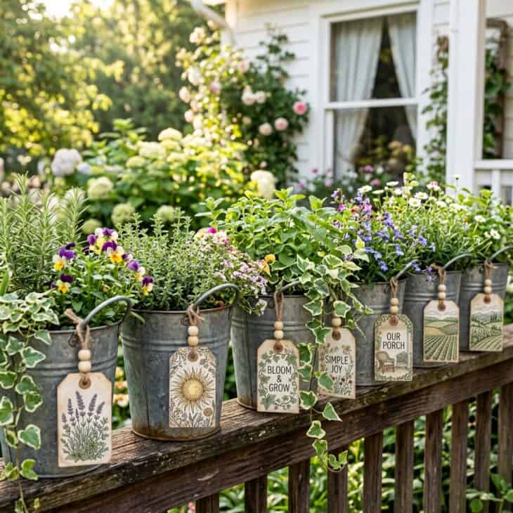 Galvanized planters with oversized luggage tags line the sunny porch railing.