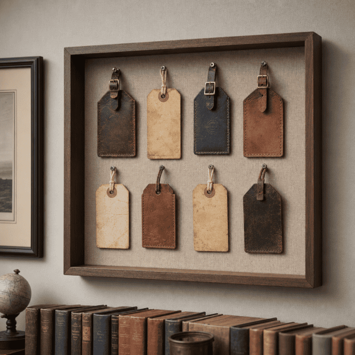 A shallow box turns a handful of old luggage tags into a small grid display.