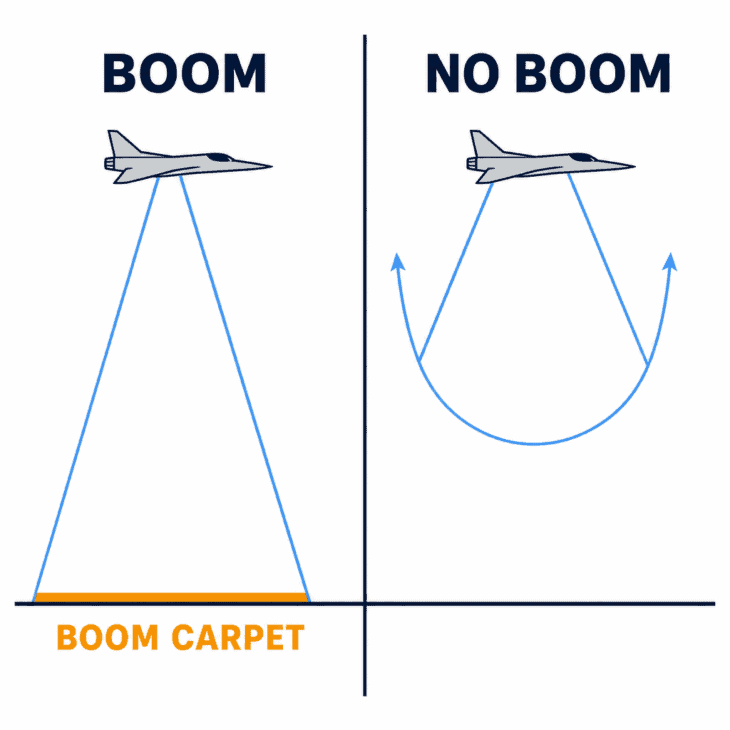 Mach cutoff: fly high enough and the shock wave refracts upward before it reaches anyone.