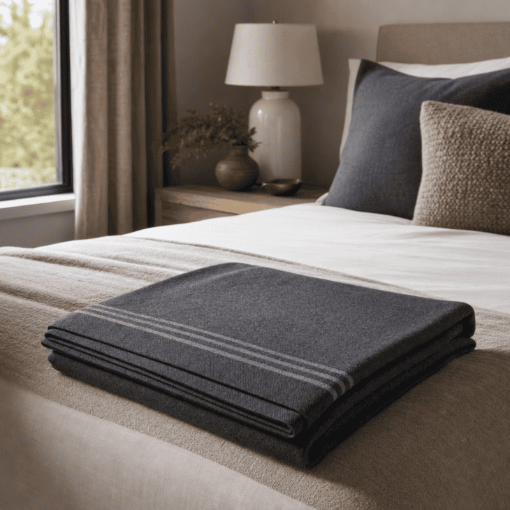 A folded merino throw with a woven stripe edge sits at the foot of the bed.