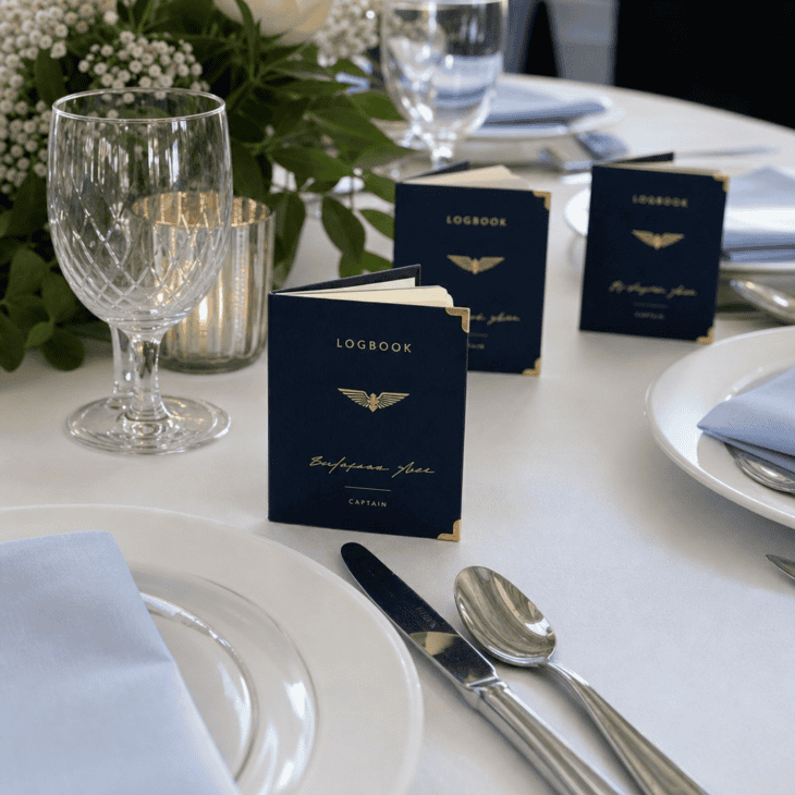 Mini logbooks serve as place cards and take-home keepsakes.