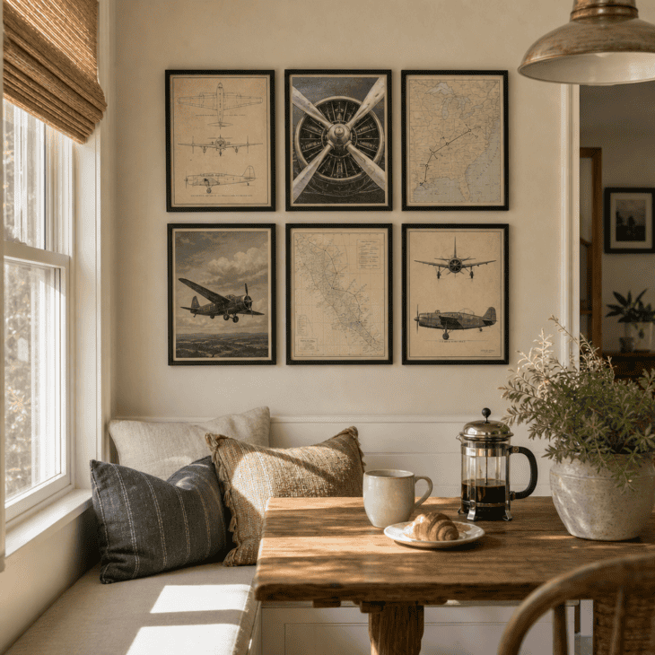 A grid of small framed prints fills the wall above the breakfast nook.