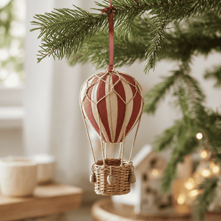 A striped fabric balloon and woven basket bring a whimsical shape to the tree.