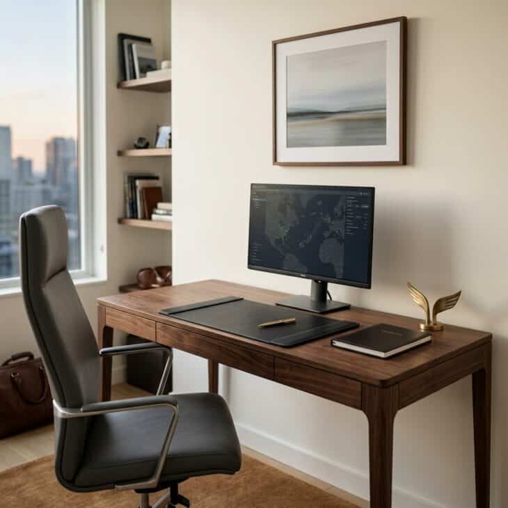A restrained captain's desk lets materials and one aviation detail carry the theme.