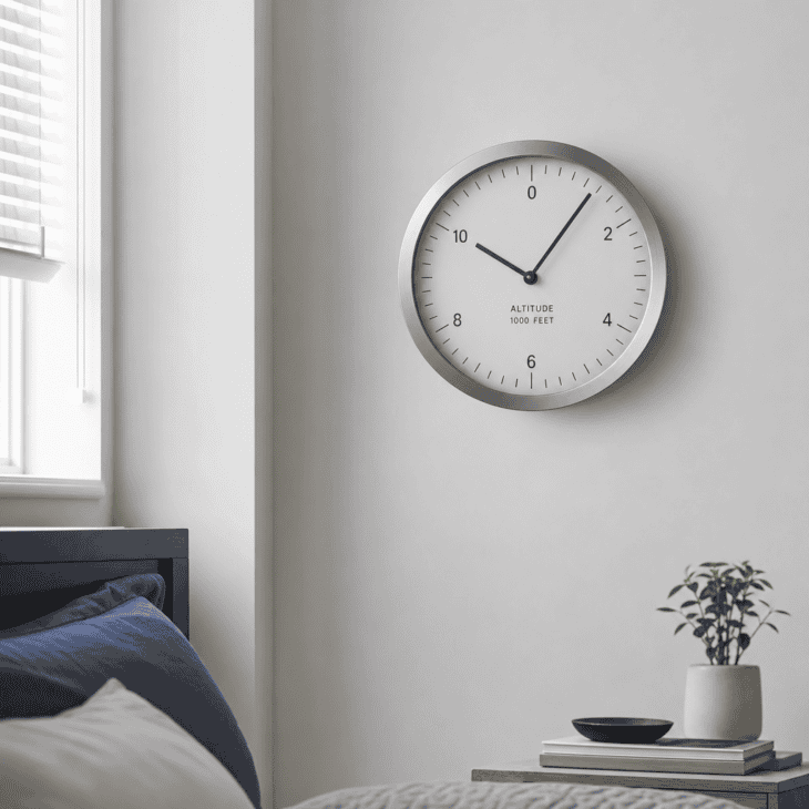 A pared-back wall clock borrows the dial and needle logic of an altimeter.
