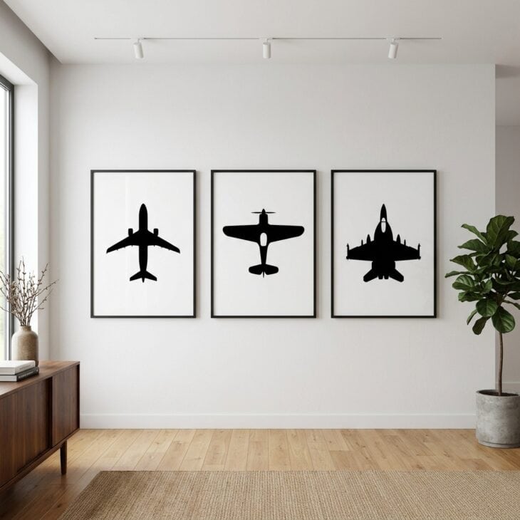 Three matching silhouette prints spaced generously apart make a confident minimalist statement.