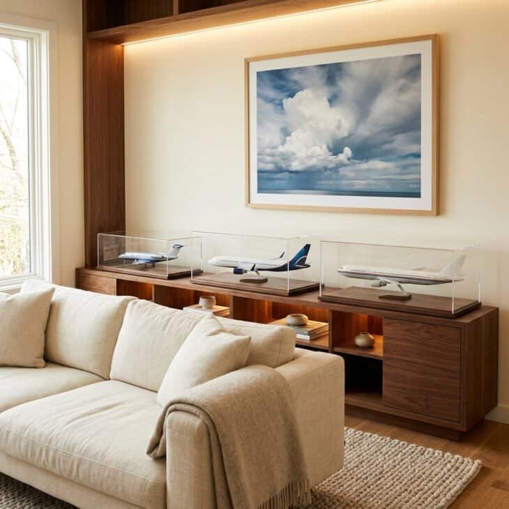 A low console gives a small model collection breathing room and museum-style focus.