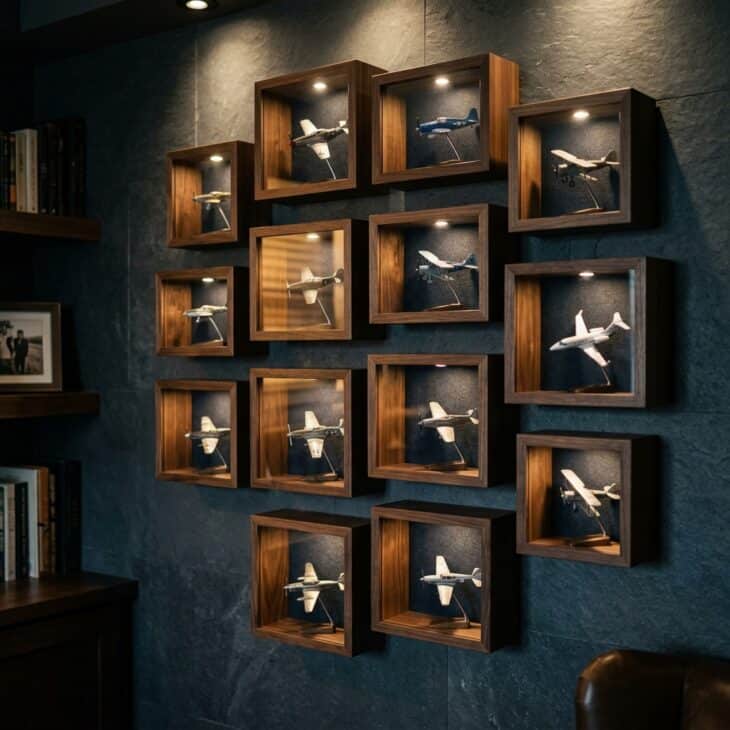 Deep shadow boxes turn a shelf's worth of model planes into wall-mounted display cases.