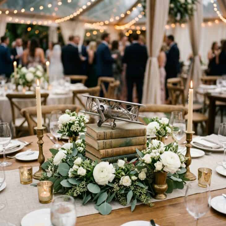 A brushed-metal model biplane anchors a low reception centerpiece.