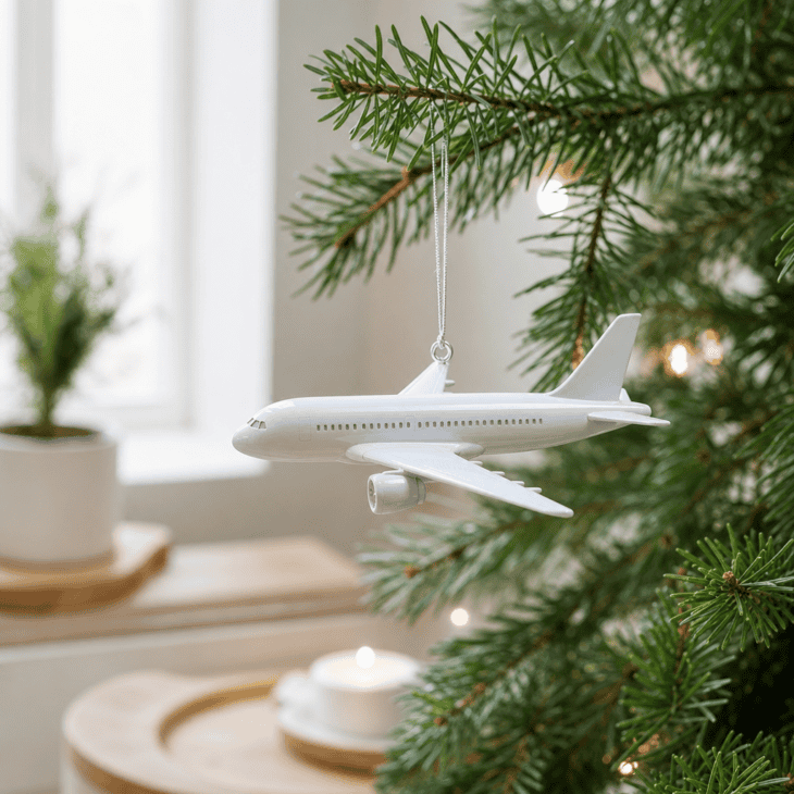 A plain white die-cast jet model doubles as a display piece and an ornament.