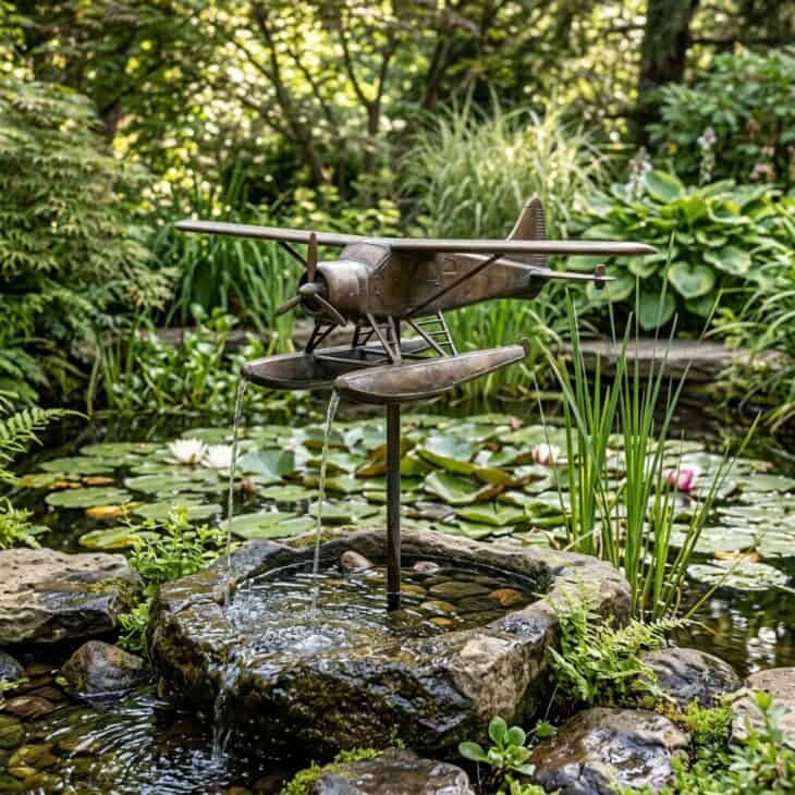 A bronze model seaplane appears to skim the surface of the garden pond fountain.