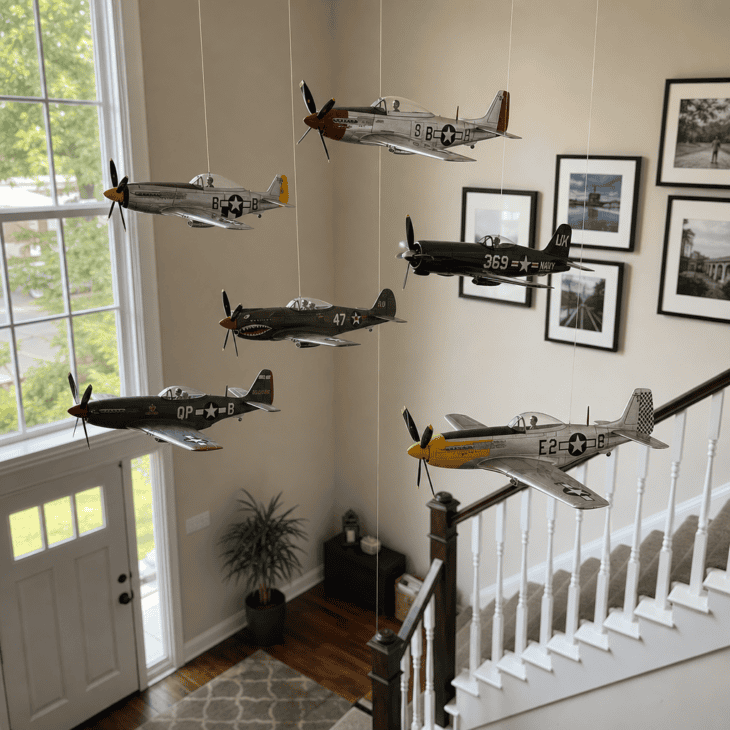 A squadron of suspended model planes climbs the stairwell above the entry.
