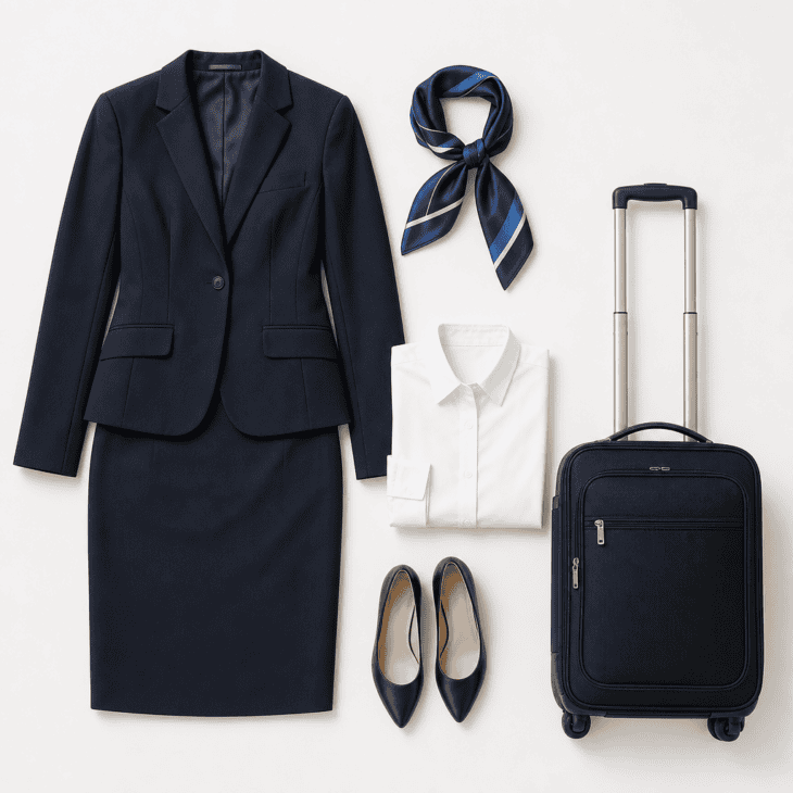 A tailored navy blazer and skirt with a neck scarf and a rolling crew suitcase.