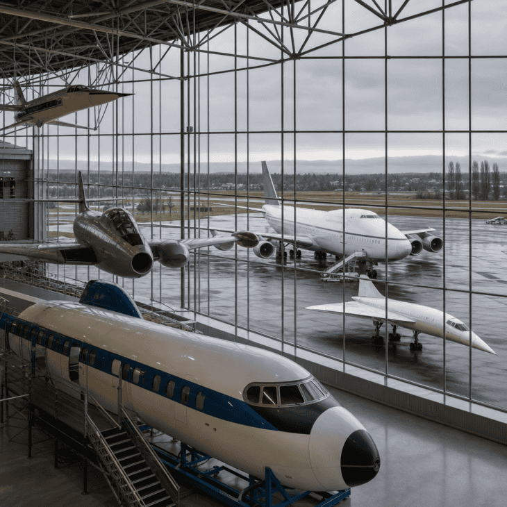 The glass Great Gallery sits beside an outdoor apron of airliners at Boeing Field.