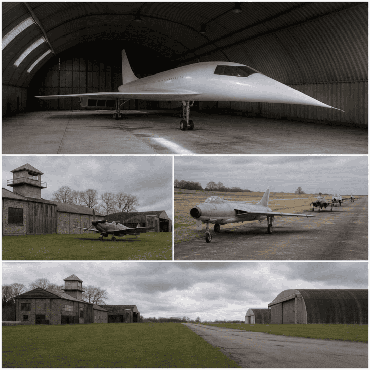 A Concorde sits in a wartime hangar on a remarkably intact airfield.