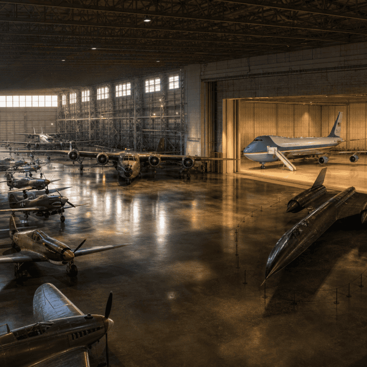 Four hangars trace military flight from wooden fighters to stealth bombers.
