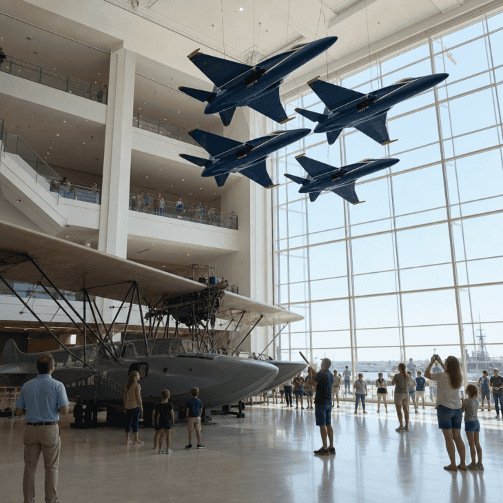 Four jets hang in diamond formation above the museum's glass atrium.