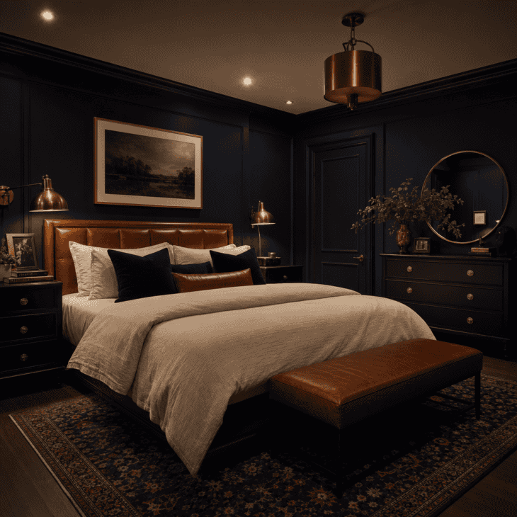 Navy walls, brass fixtures, and cognac leather build the room's core palette.