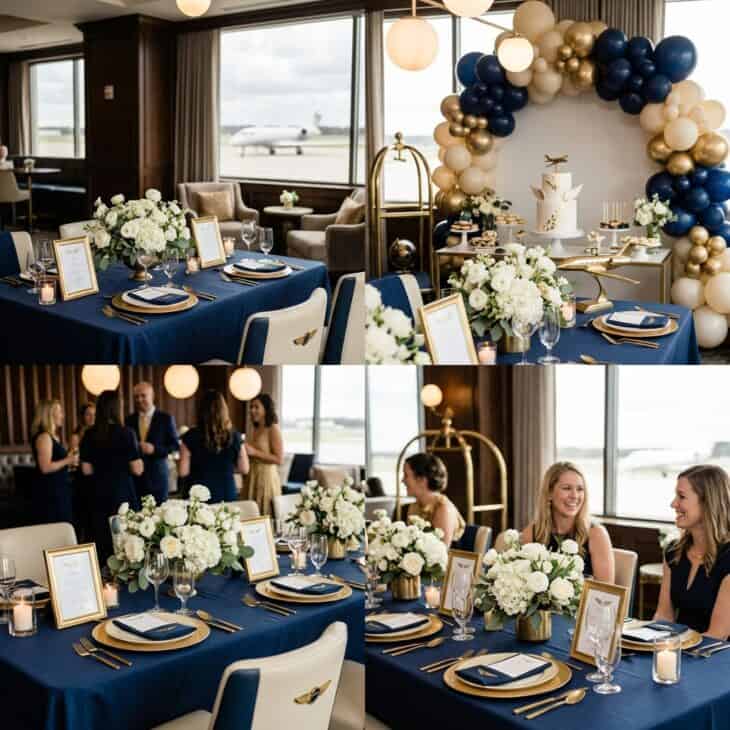 Navy, cream, and brushed gold give the shower a polished first-class feel.