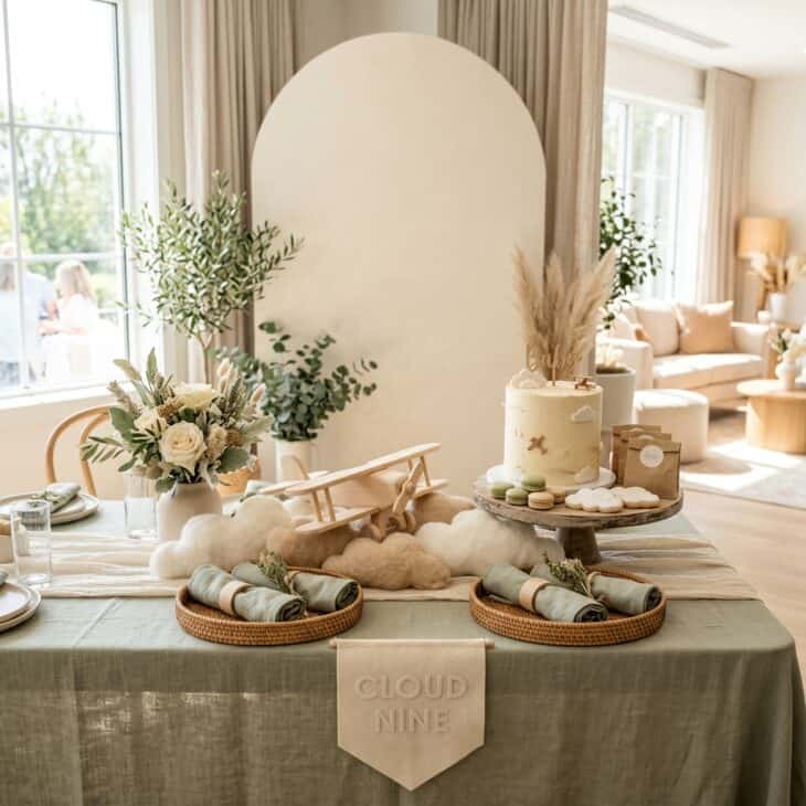 Cream, sage, and natural wood create a calm gender-neutral aviation theme.
