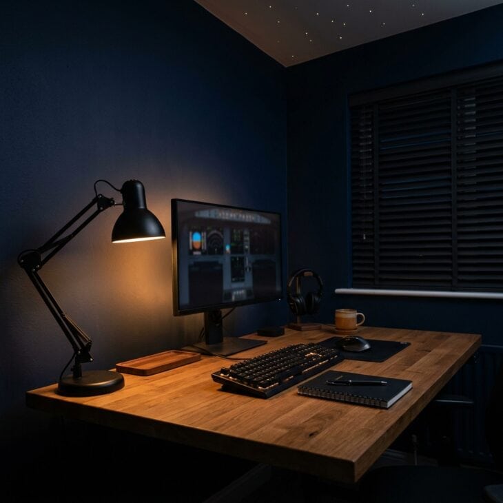 Low amber light and a navy backdrop create night-flight atmosphere while preserving a usable desk.