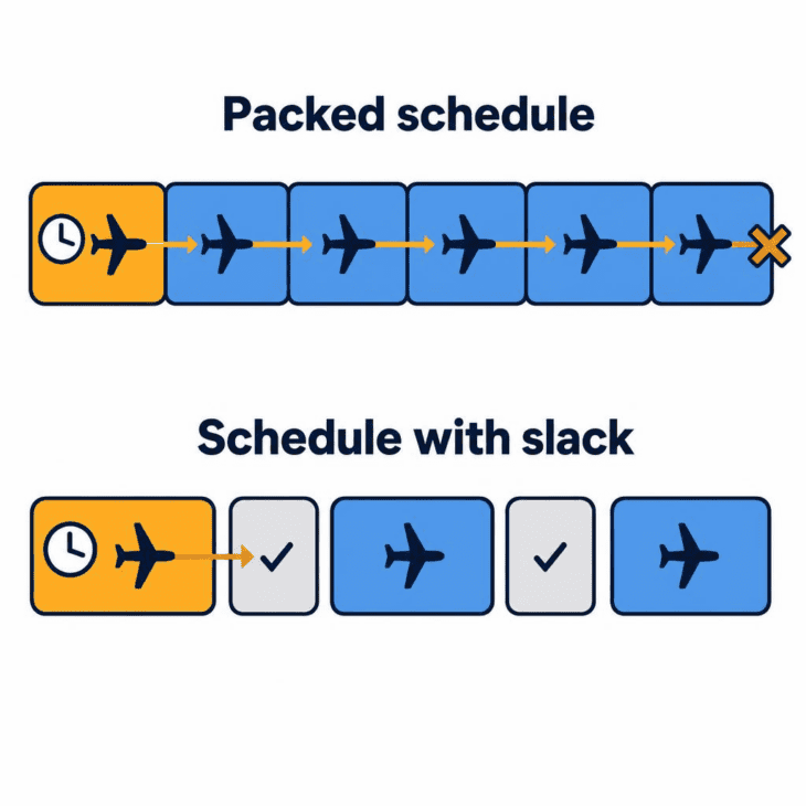 A packed schedule has nowhere to absorb a late start, so the delay runs to the end of the day.