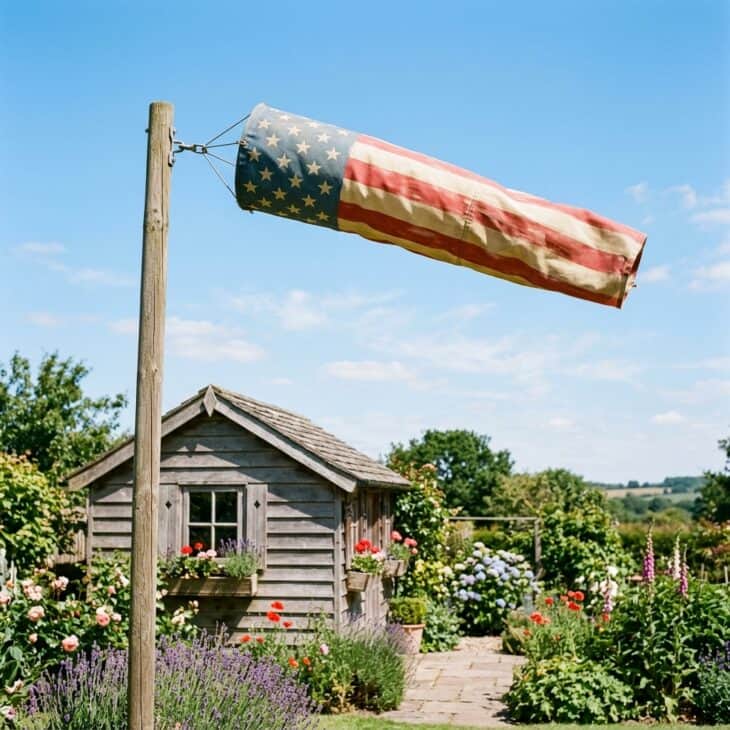 A vintage-style windsock flutters beside the garden shed in a steady breeze.