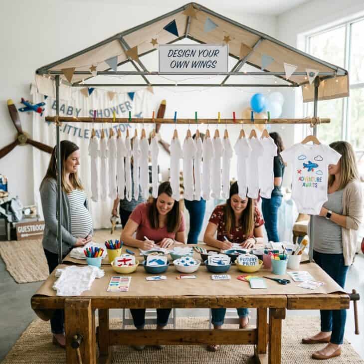 A hangar-style craft station lets guests create useful wearable keepsakes.