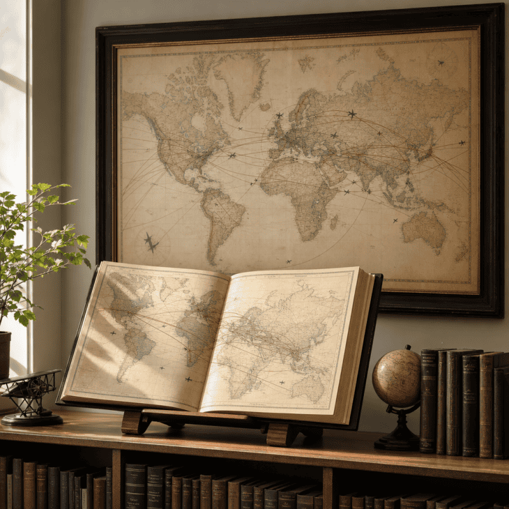 An open atlas on a stand pairs naturally with a framed route map behind it.