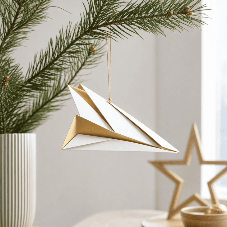 A folded paper airplane in white and gold suits a clean, modern tree.