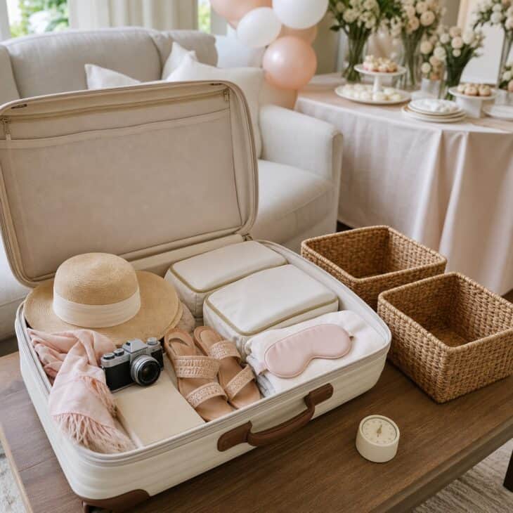 A suitcase-packing challenge adds an active game to the shower schedule.