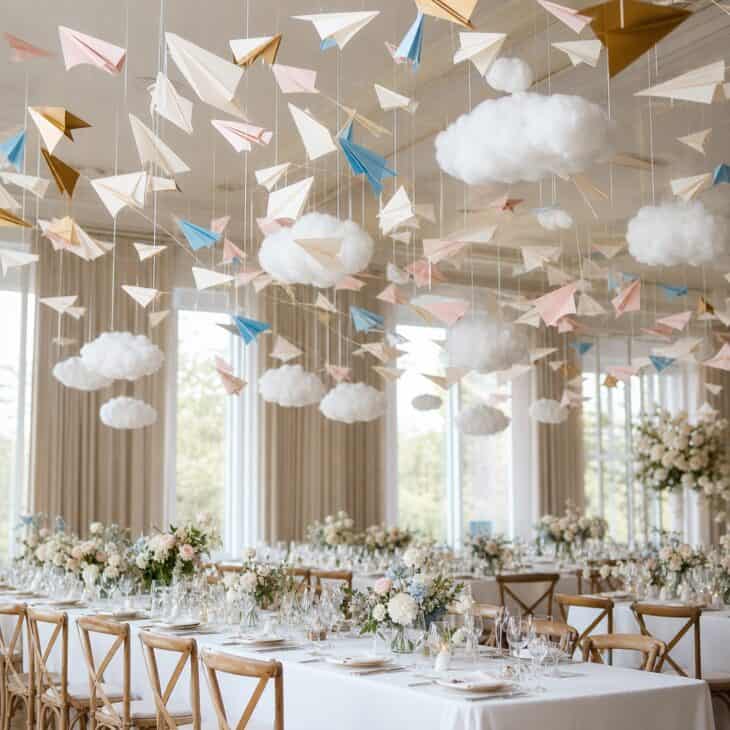 A sweeping paper airplane garland adds movement above the party tables.