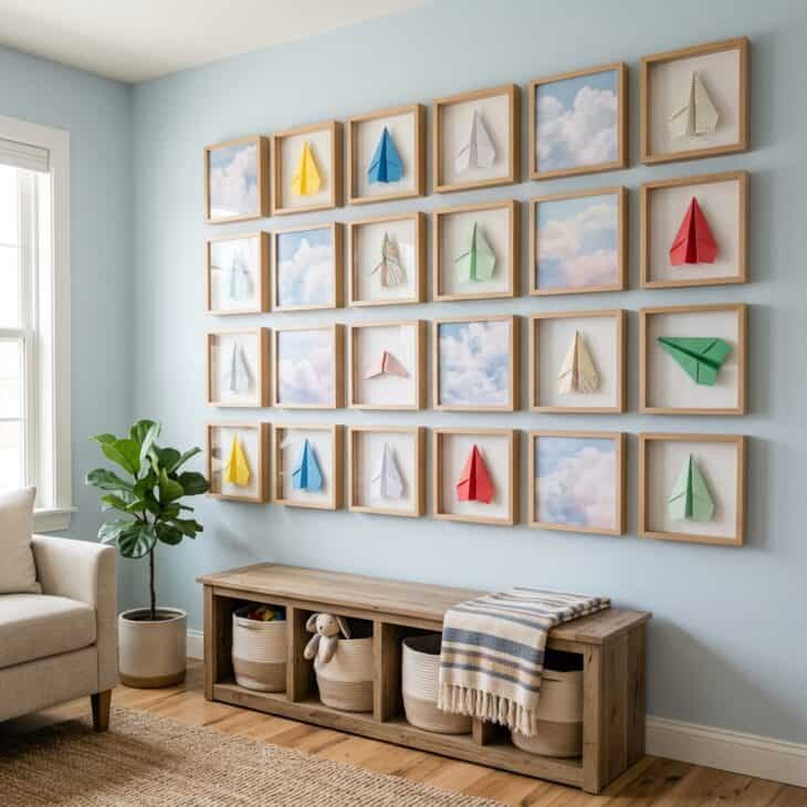 Framed paper airplanes and cloud studies create a personal gallery that can grow with the family.