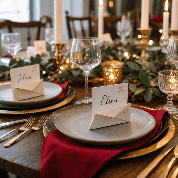 Folded paper airplanes double as place card holders at each table setting.